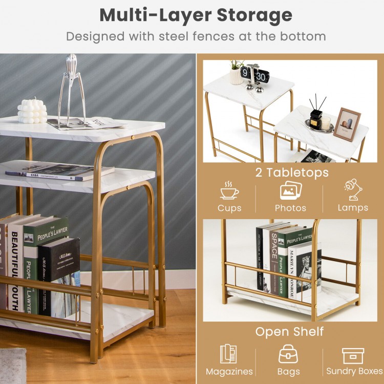 Compact faux marble nesting tables with gold steel frames, featuring two tabletops and an open shelf for versatile.